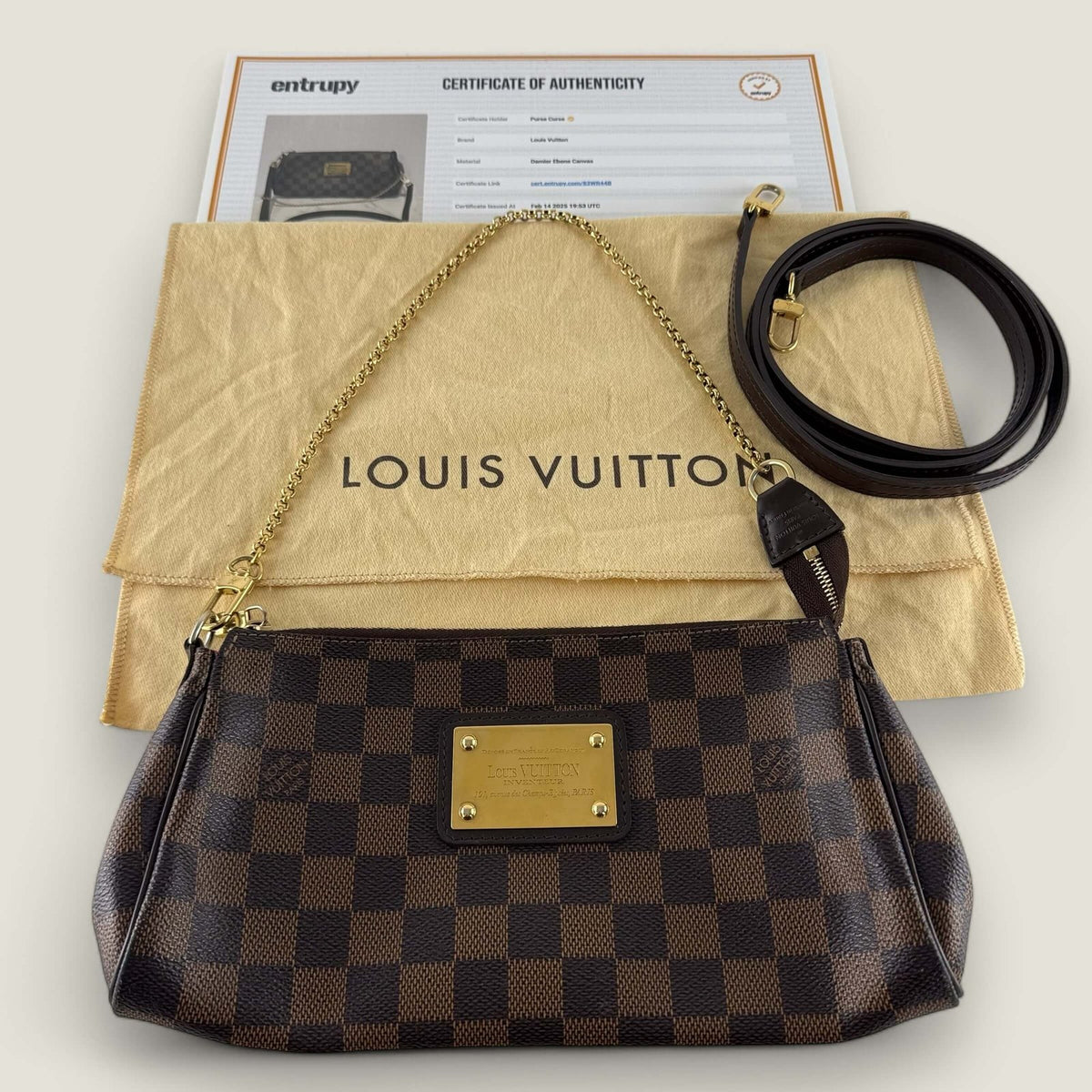 Authentic pre-owned Louis Vuitton Eva two way clutch bag Damier Ebene