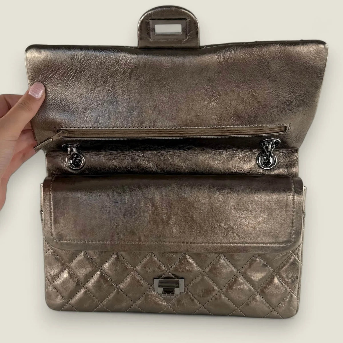 Chanel 2.55 metallic bronze with silver-tone hardware