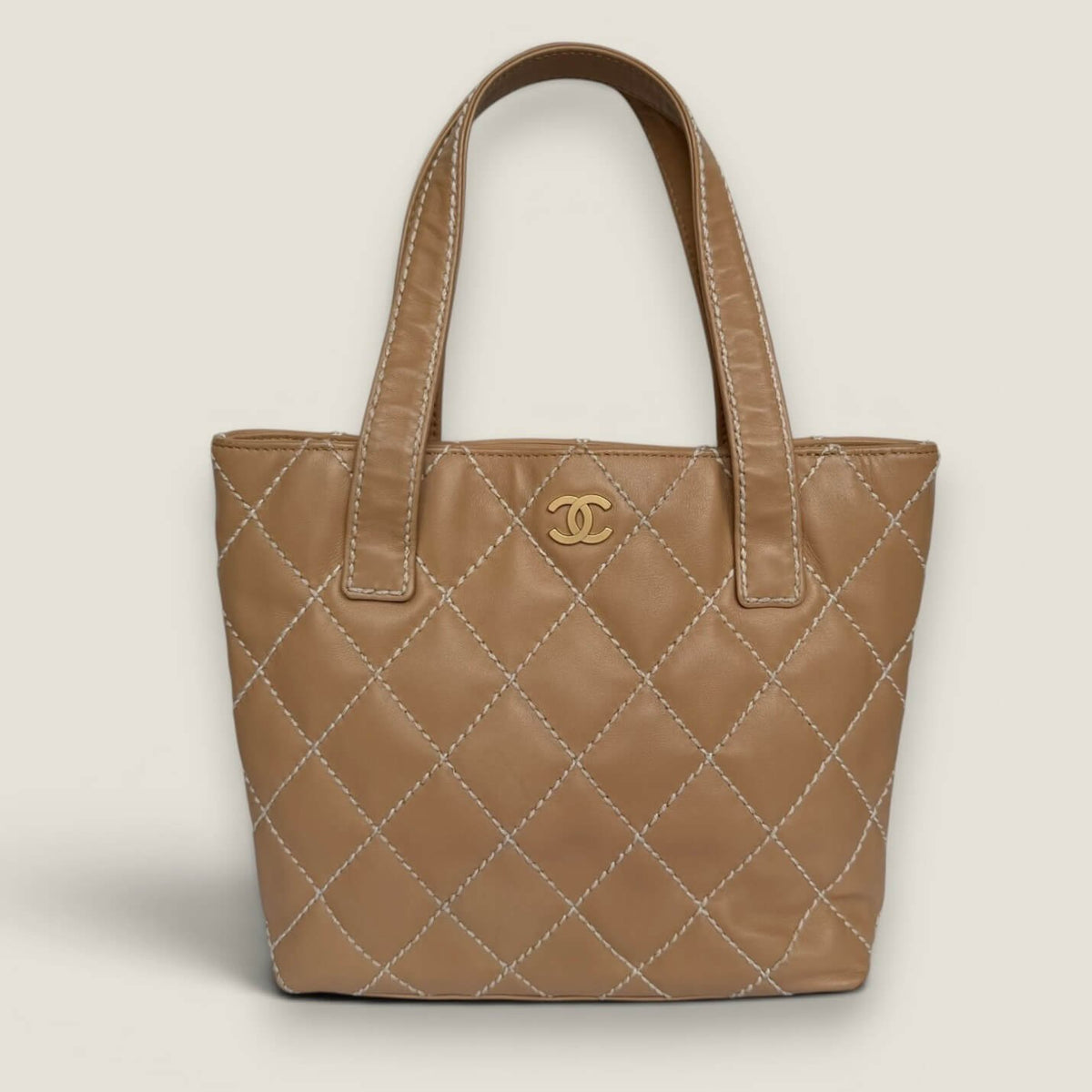 Chanel beige small CC calfskin wild stitch tote