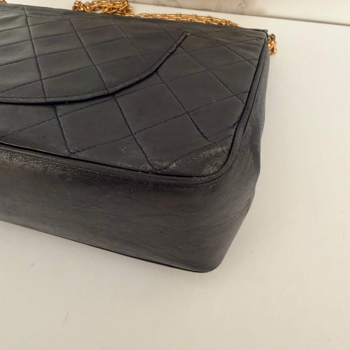 Chanel double flap medium vintage corner wear detail