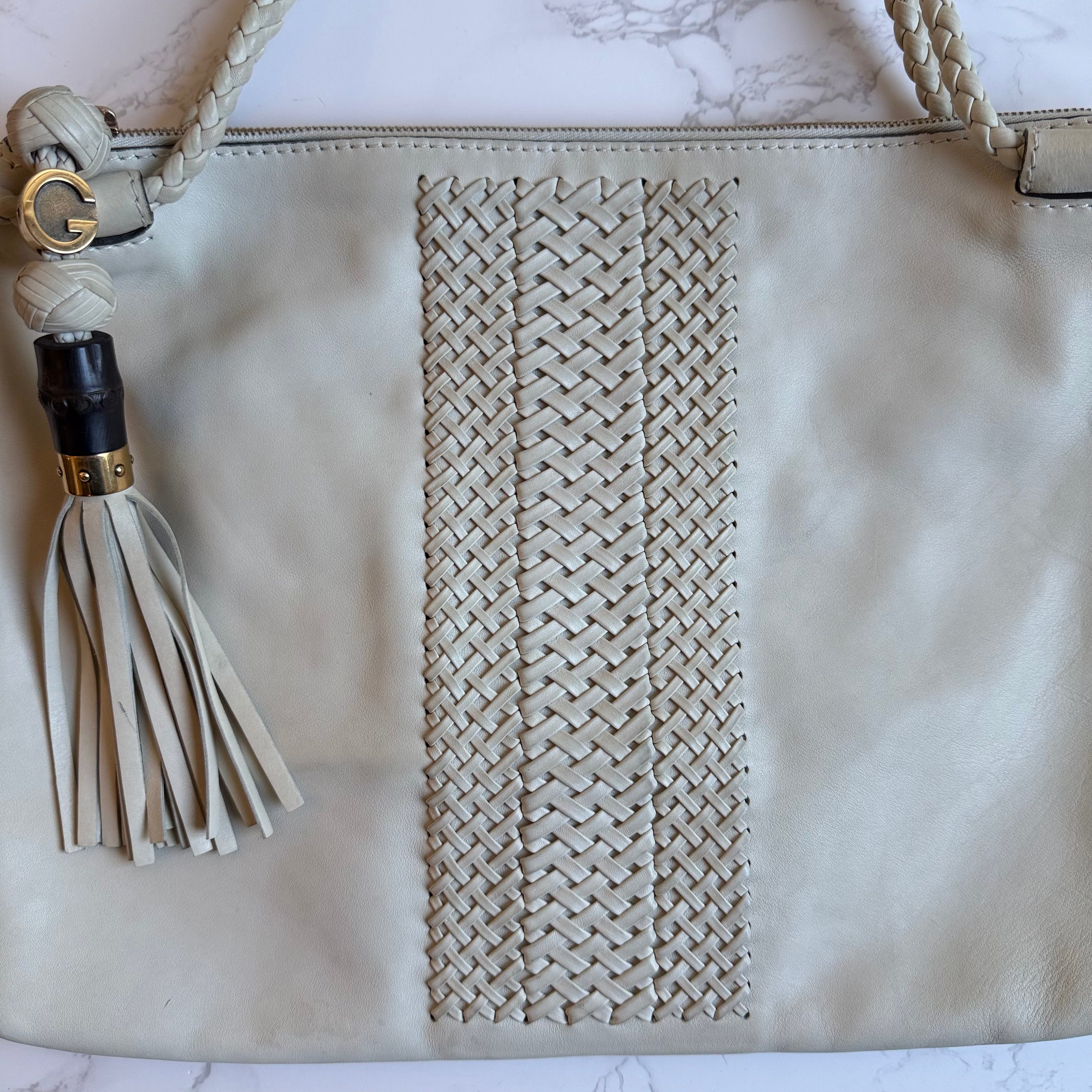 Gucci beige leren tote met gevlochten paneel