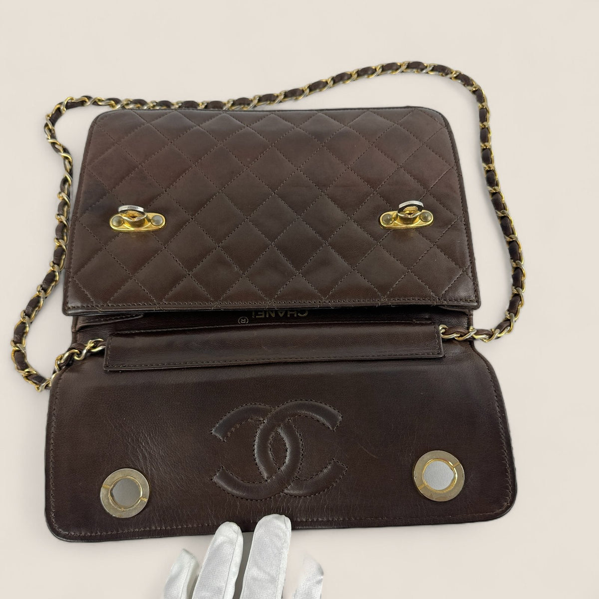 Pre-owned Chanel briefcase double turnlock brown lambskin leather gold hardware