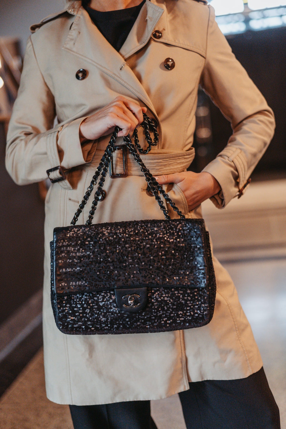 pre-owned Chanel jumbo sequined moonlight on water flap rare