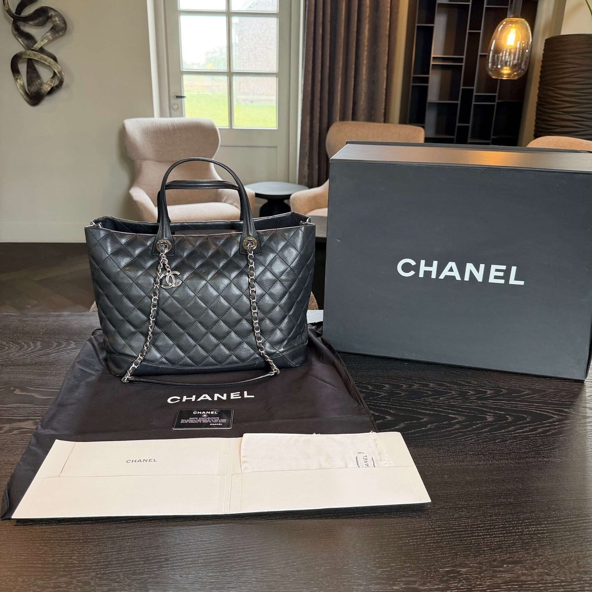 Chanel calfskin quilted large shopping tote with accessories