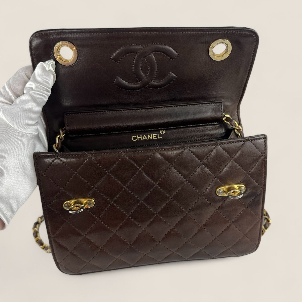 Chanel double closure bag with top handel brown lambskin leather gold hardware