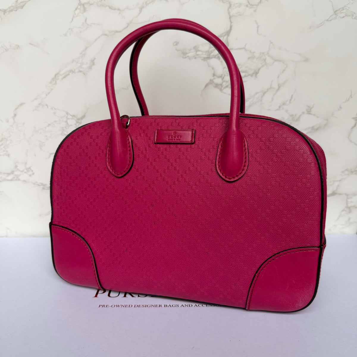 Gucci Diamanté Bright Leather Satchel roze schuin vooraanzicht