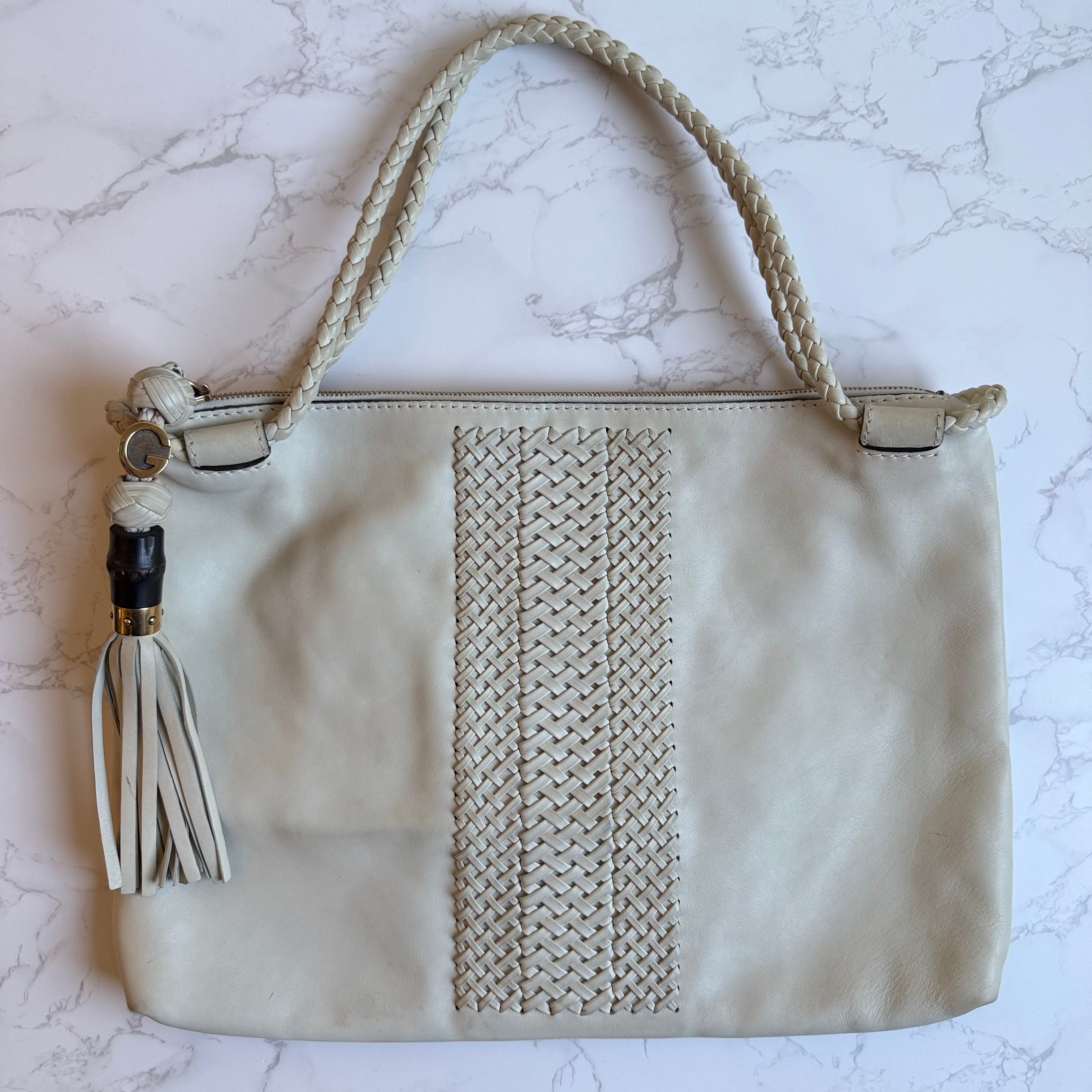 Gucci woven leather front detail beige tas